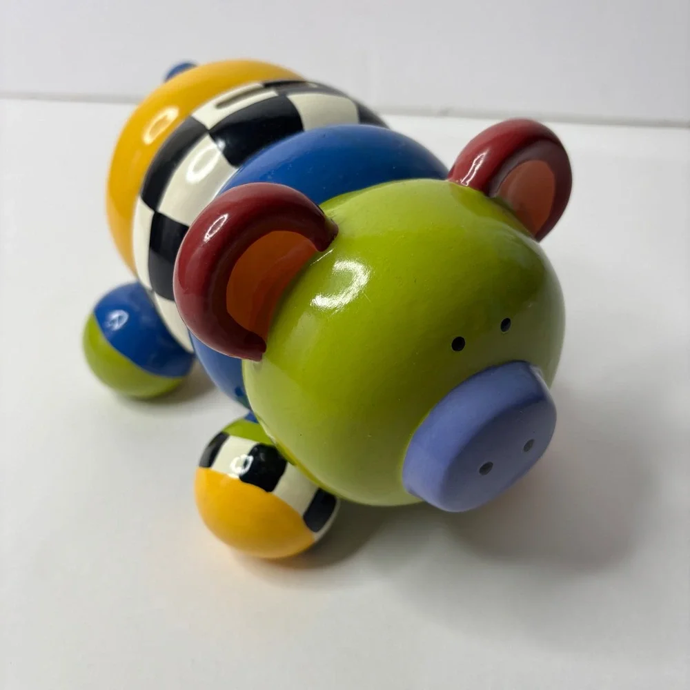 Postmodern Memphis Style Ceramic Piggy Bank Colorful Checkerboard Geometric Pig